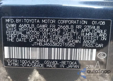 2008 Lexus Es 350 z USA, uszkodzony, nr VIN JTHBJ46G382215582